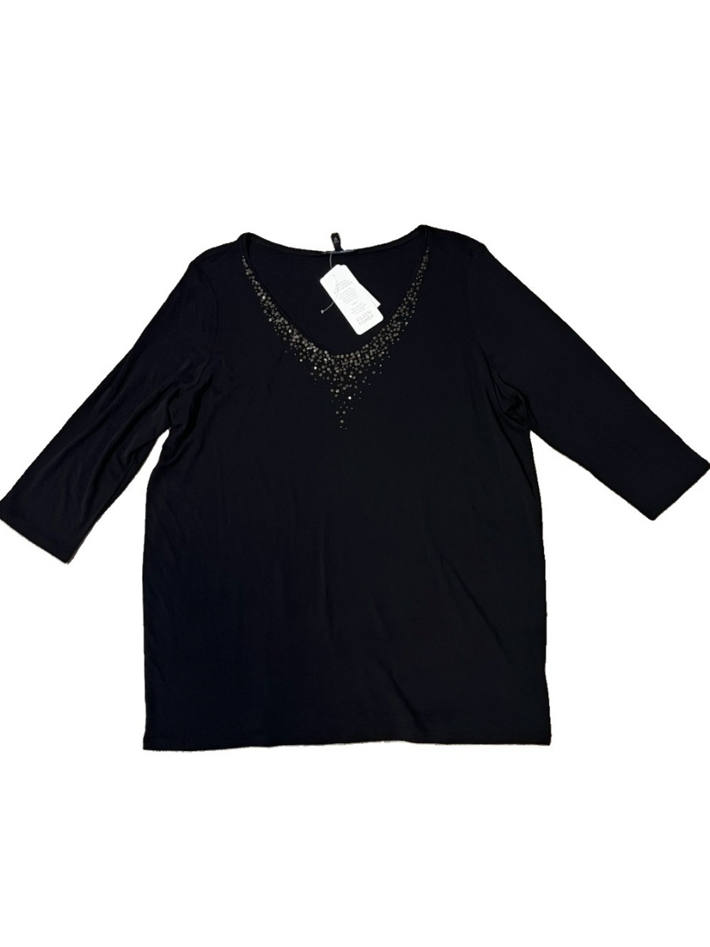 NWT Eileen Fisher Black Sequined Top Sz XL 100% Silk 3/4 Sleeve Career Casual